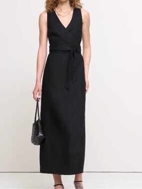 New Banana Republic Classic Black Linen Crossback Maxi Dress with Tie Waist